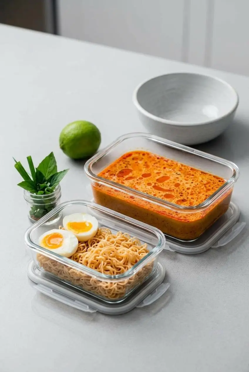 Two glass containers on a kitchen counter showing how to store leftover ramen: one holds the red curry broth and the other holds the cooked