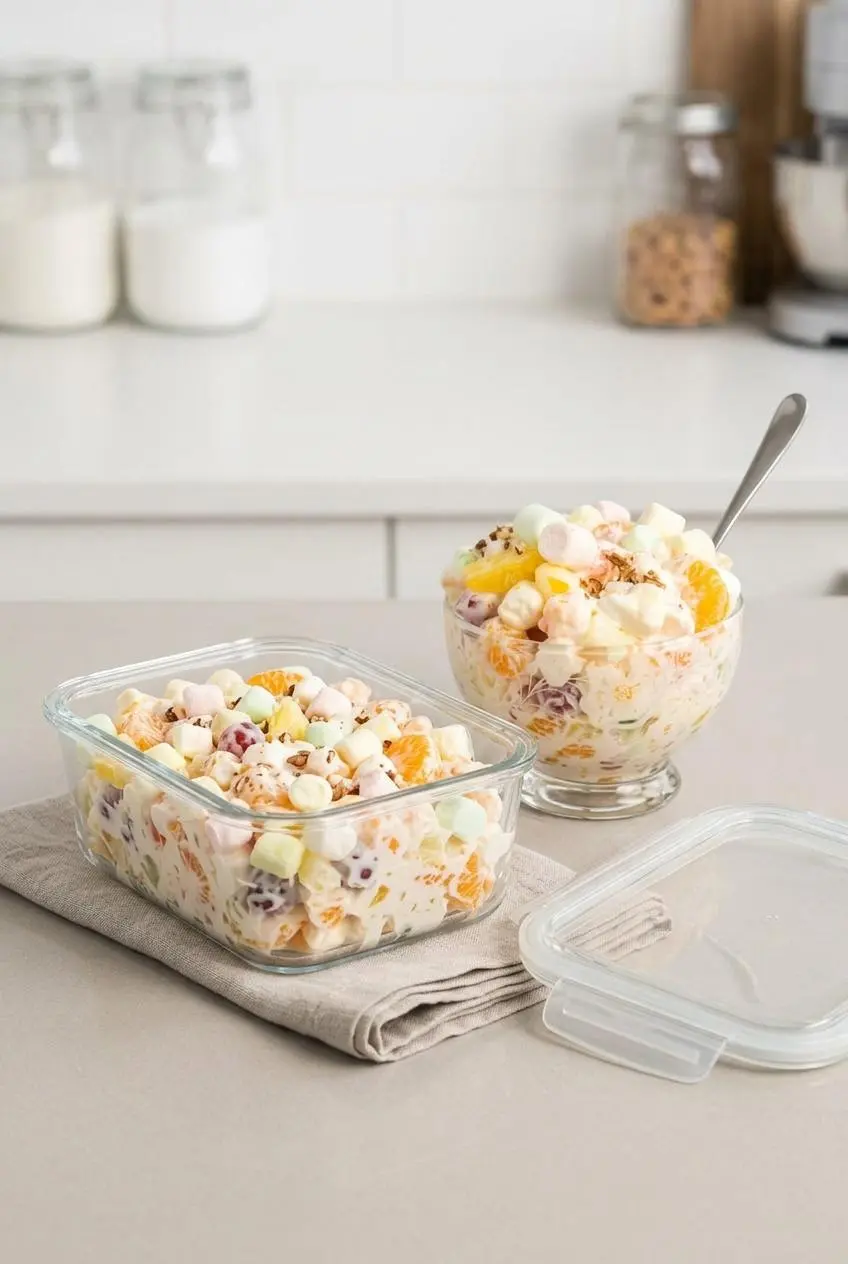 Marshmallow fruit salad being transferred from a serving bowl into a rectangular glass container for airtight storage in the refrigerator.