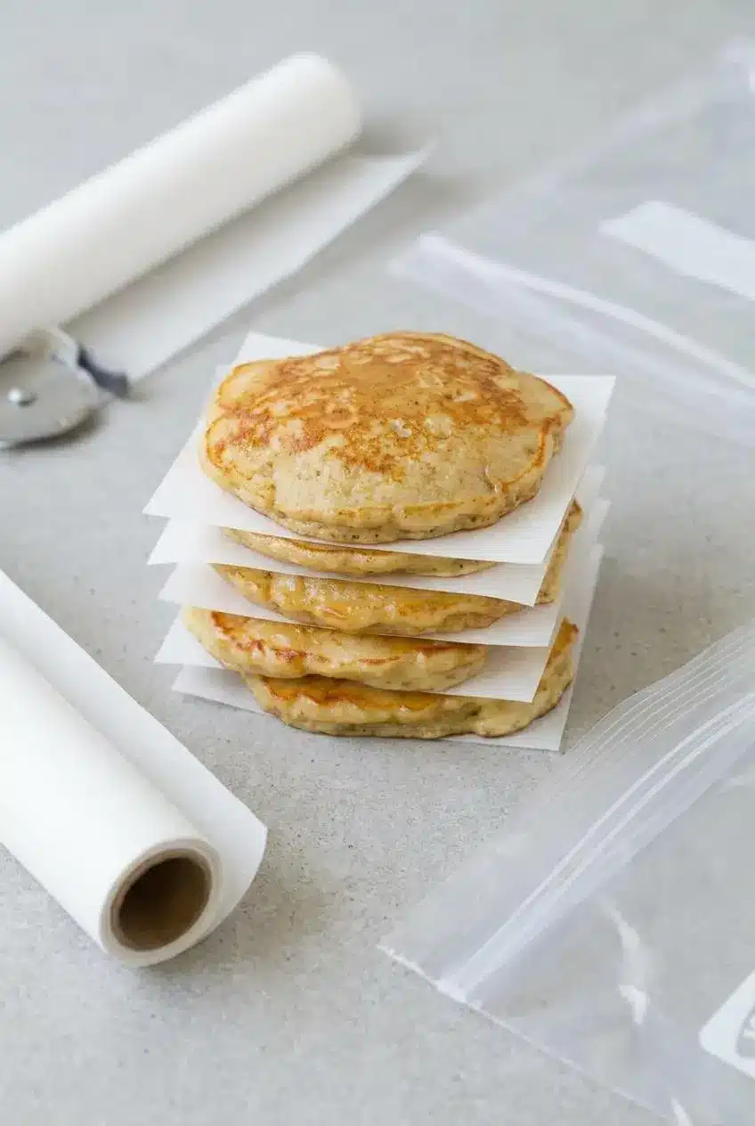 A stack of cooled banana pancakes on a countertop with small squares of parchment paper placed between each one for storage.