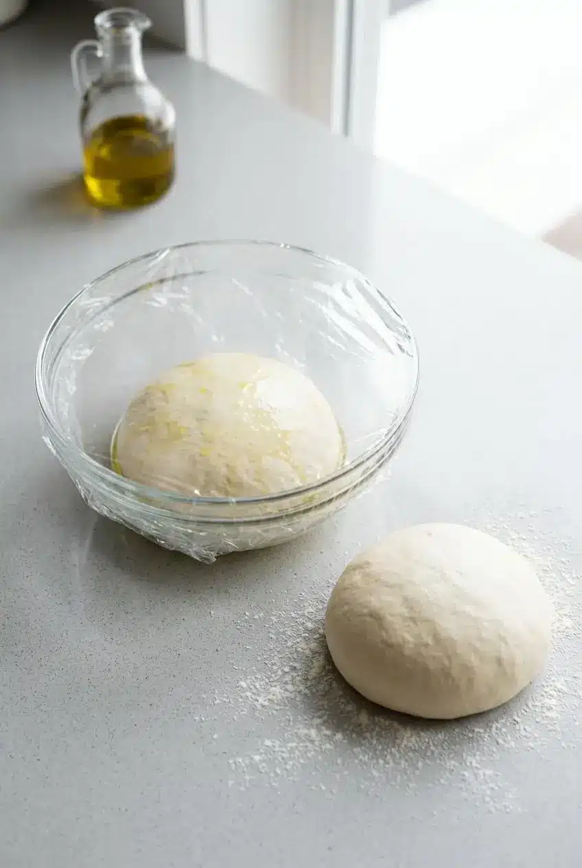 Two smooth balls of raw pizza dough, one in a greased glass bowl covered with plastic wrap for storage, and the other on a floured counter.