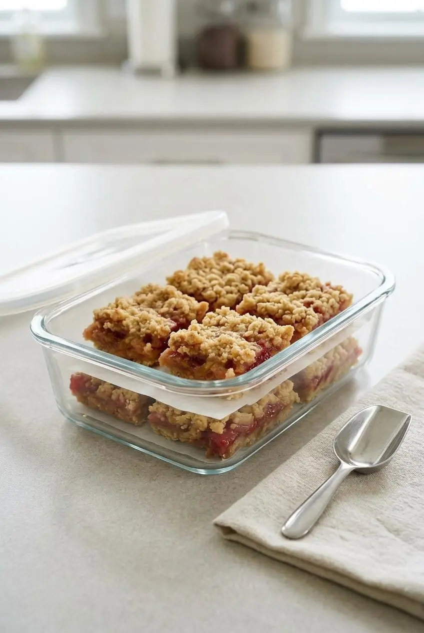 Several neatly cut rhubarb bars being layered in a rectangular glass storage container, separated by a sheet of parchment paper.