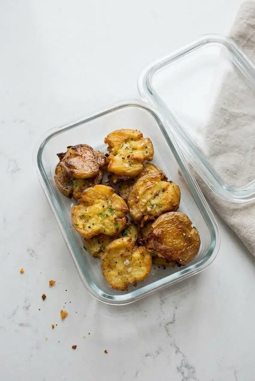 Leftover baked smashed potatoes neatly arranged in a single layer inside a rectangular glass food storage container on a light kitchen