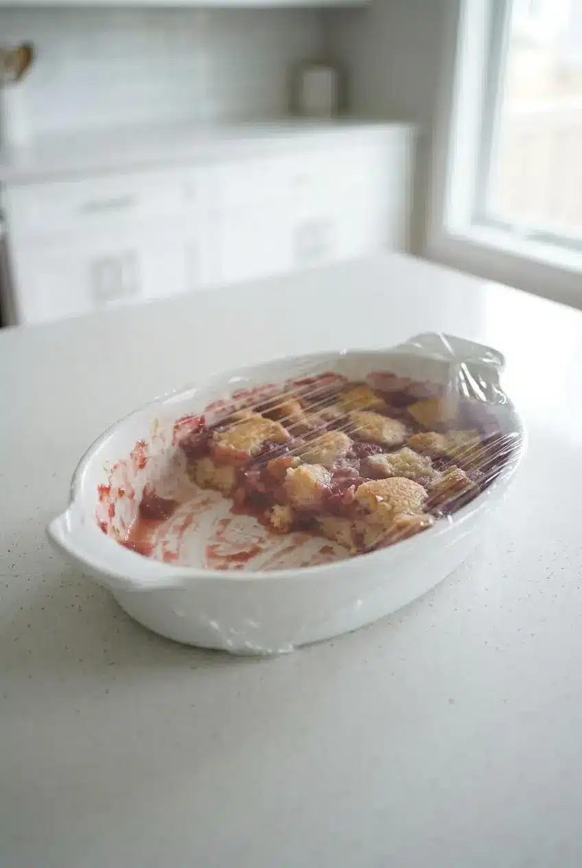 Leftover strawberry cobbler in its oval baking dish, covered tightly with clear plastic wrap and ready for the refrigerator.