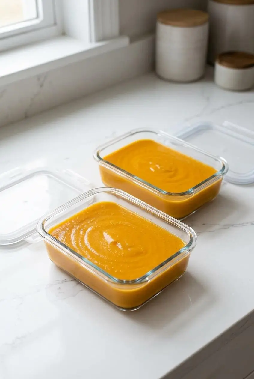 Two rectangular glass meal prep containers filled with cooled orange sweet potato soup, ready for storage.