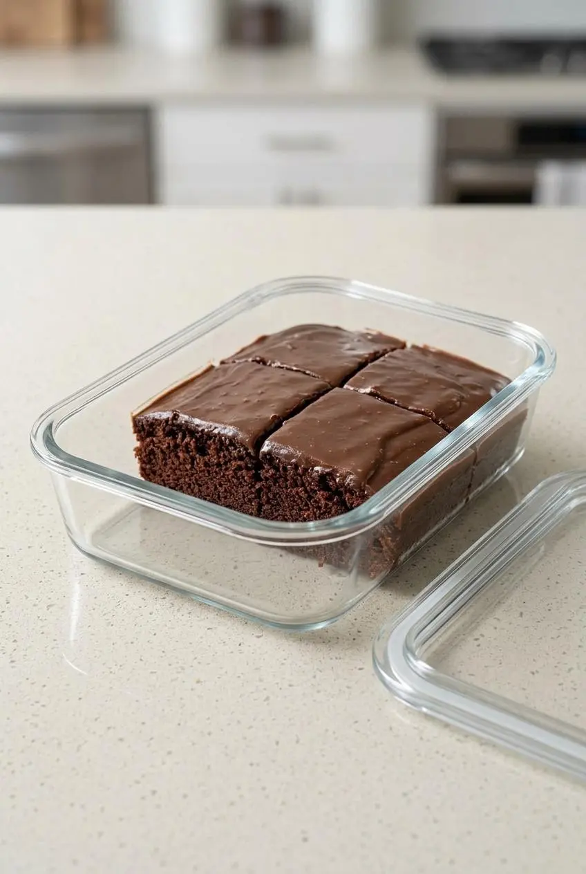 Leftover squares of Texas Chocolate Sheet Cake being stored in a rectangular glass container on a kitchen counter.