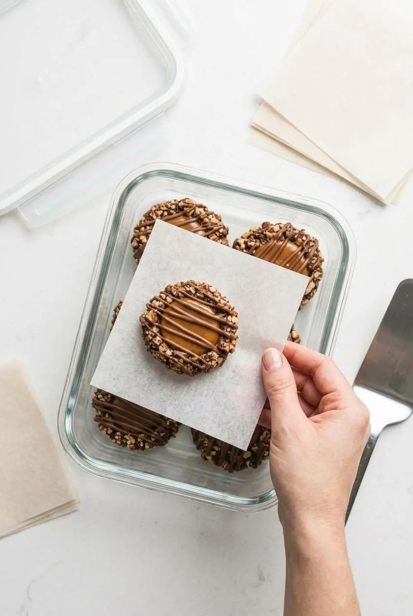 A hand placing a sheet of parchment paper over a layer of turtle cookies in a rectangular glass container for proper storage.