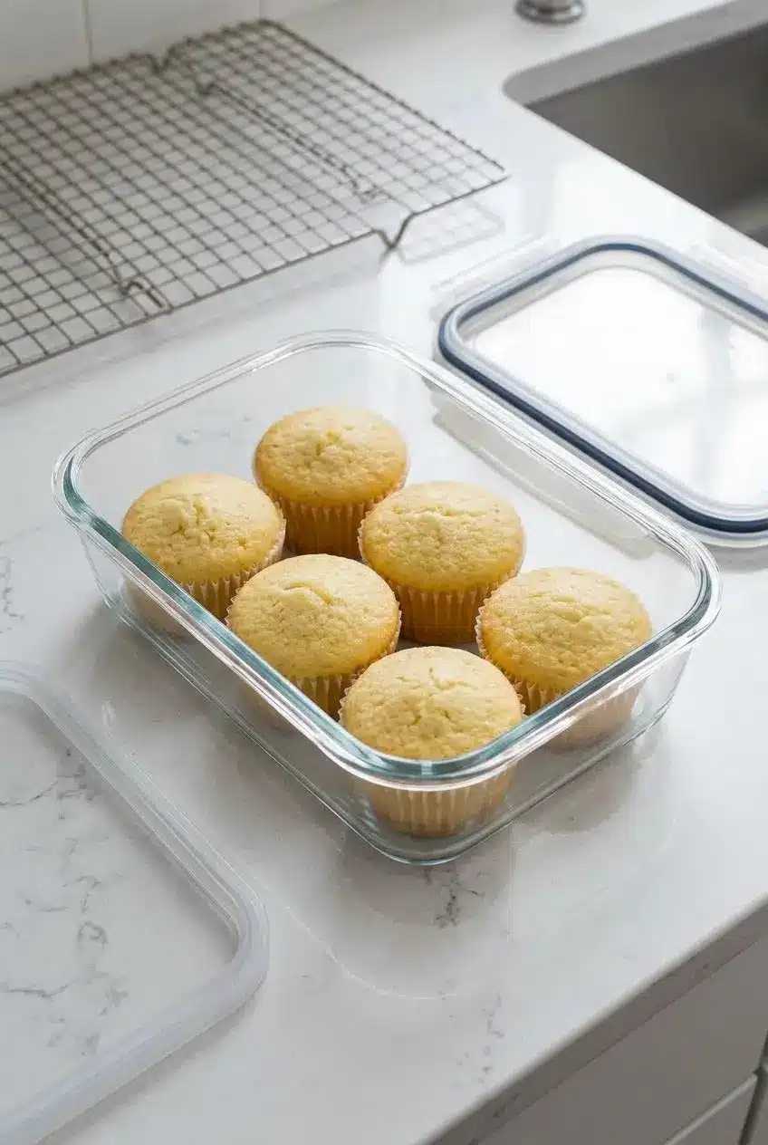 Six unfrosted vanilla cupcakes arranged in a single layer inside a large, clear airtight container for proper storage.