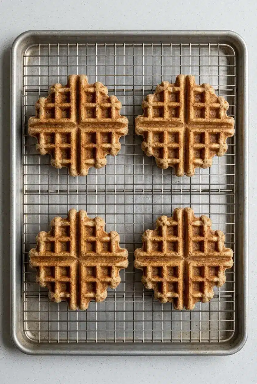 Overhead view of four cooled cinnamon waffles arranged in a single layer on a wire cooling rack set over a baking sheet, ready for storage.