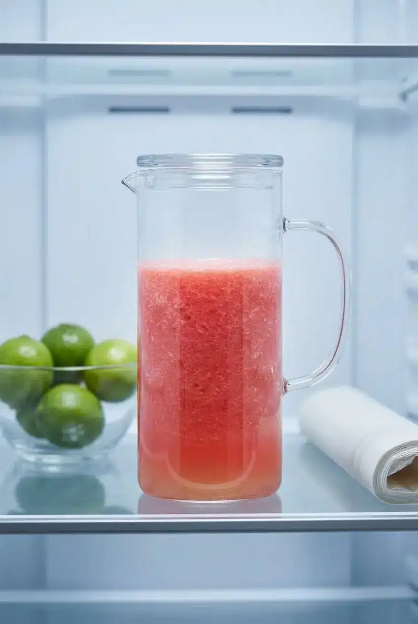 A clear glass pitcher of pink watermelon drink stored on a shelf in a refrigerator, showing natural separation of the juice.