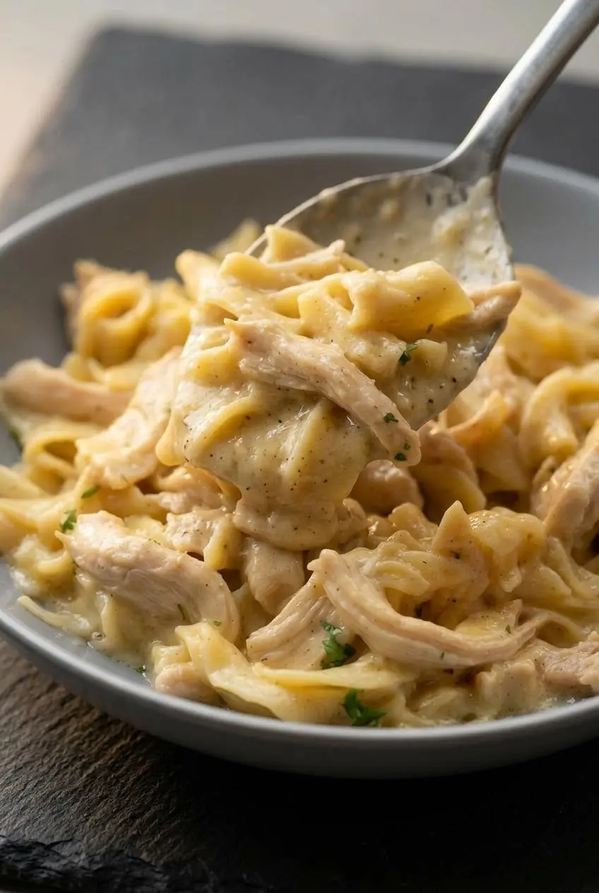 A close-up of a spoon lifting creamy chicken and noodles, showcasing the thick, luscious sauce clinging to the wide egg noodles and shredded