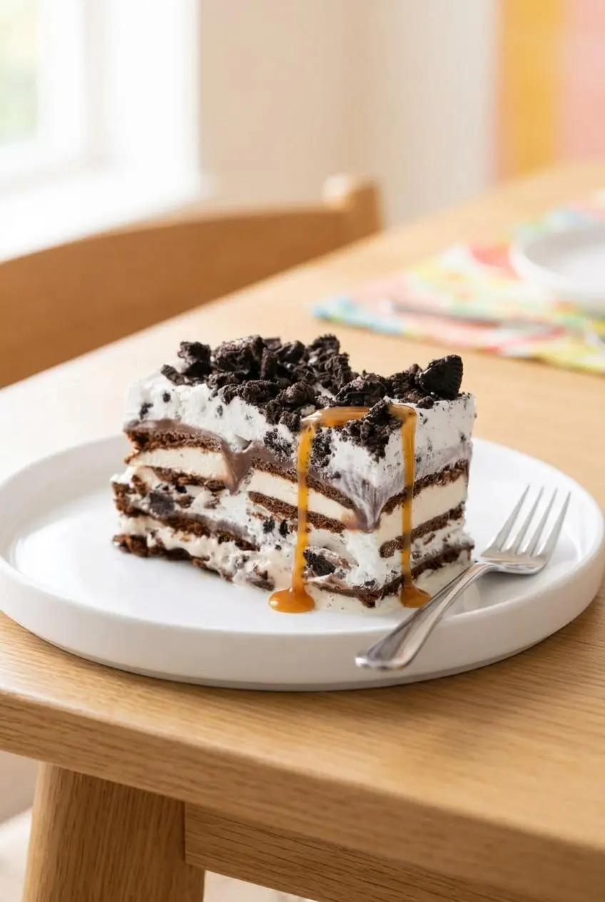 A slice of ice cream sandwich cake on a white plate, drizzled with caramel sauce to show a recipe variation, with a fork resting beside it.
