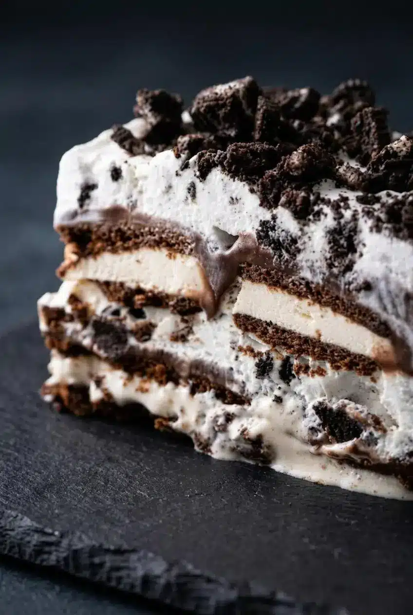 Extreme close-up of a slice of ice cream sandwich cake, highlighting the detailed texture of the creamy whipped topping with Oreo pieces and