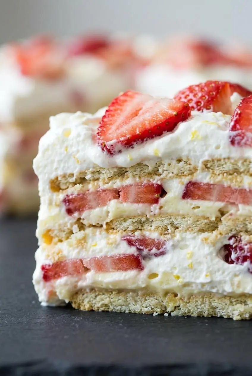 Close-up cross section of strawberry lemonade icebox cake layers with softened cookies, lemon cream, and sliced berries.