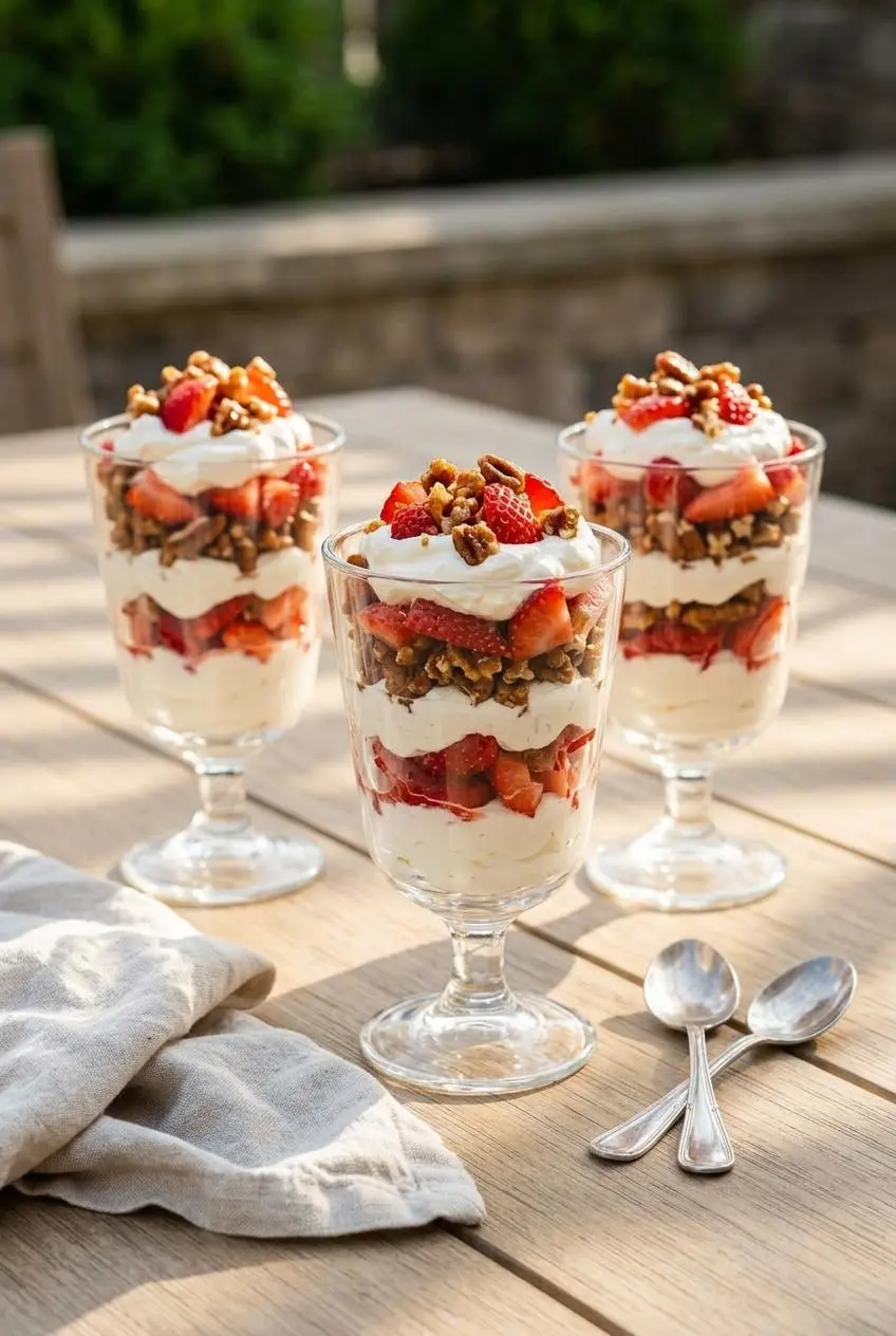Individual glass dessert parfaits layered with fresh strawberries, cream cheese base, and pretzel crunch on a patio table.