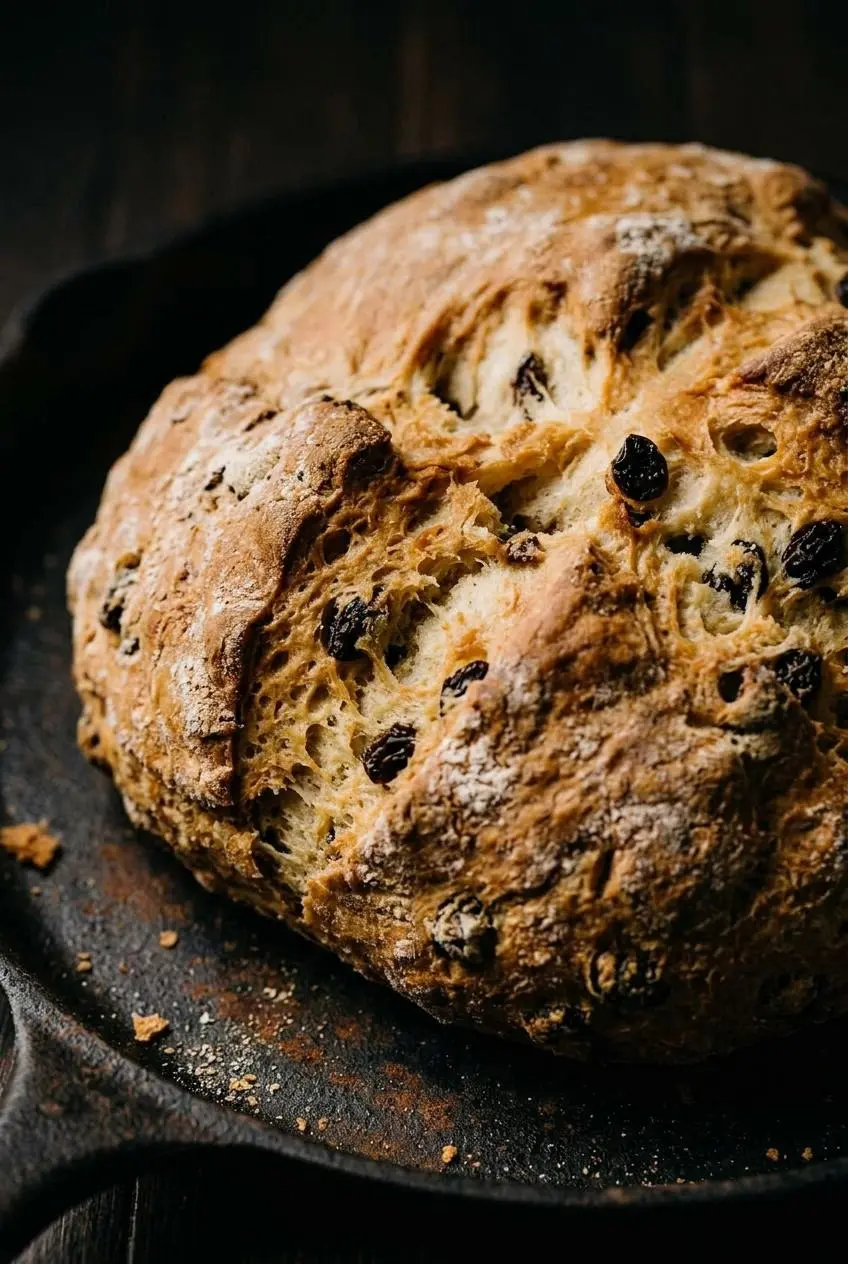 Extreme close-up of the craggy, golden-brown crust of an Irish soda bread, showing the deep 'X' scored on top in a cast iron skillet.