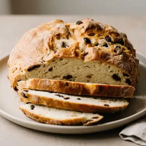 A rustic loaf of Irish soda bread with a deep golden crust and a classic X scored on top, sitting in a dark cast iron skillet.