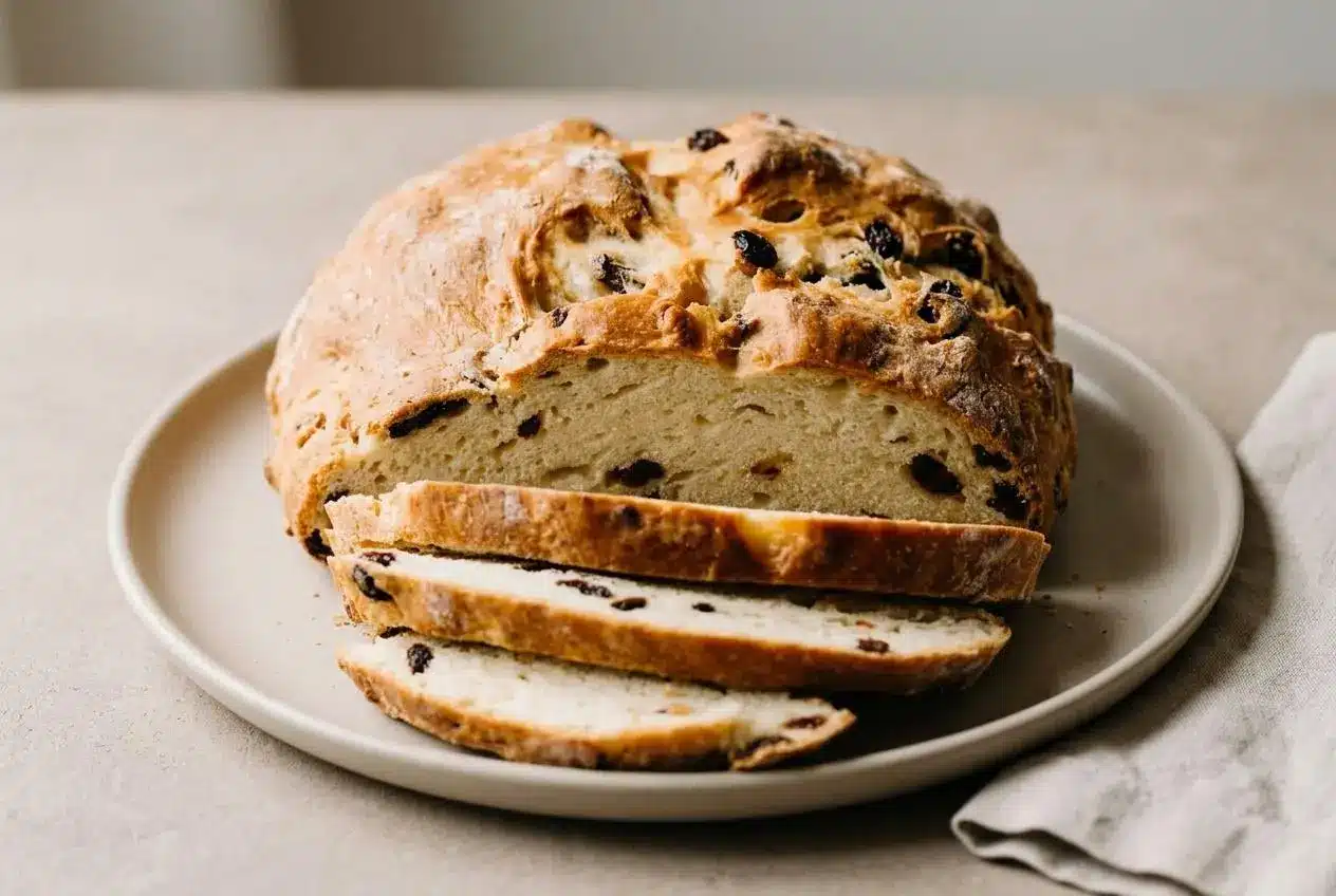 A rustic loaf of Irish soda bread with a deep golden crust and a classic X scored on top, sitting in a dark cast iron skillet.