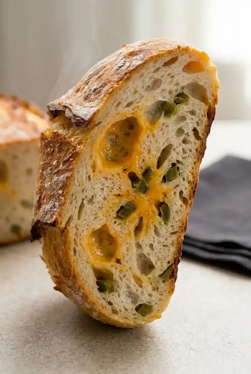A loaf of jalapeño cheddar crusty bread sliced open to show the interior, which is studded with melted cheese and green jalapeño pieces.