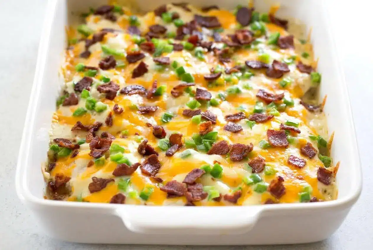 Jalapeño Popper Chicken baked in a white dish, with a golden, bubbly topping of melted cheese, bacon, and fresh jalapeños.