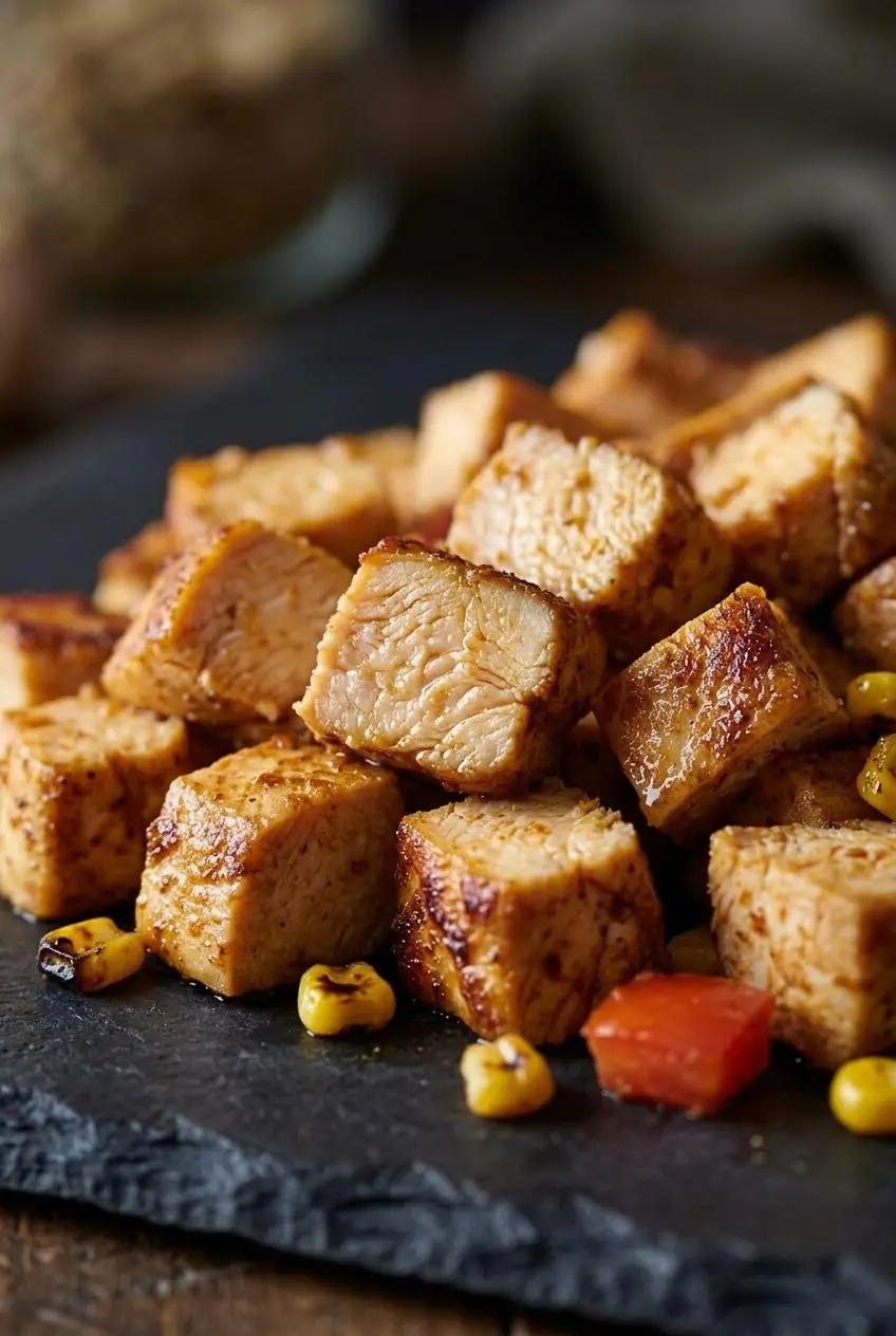 A close-up macro shot of juicy, pan-seared taco-seasoned chicken, diced into cubes on a dark cutting board.