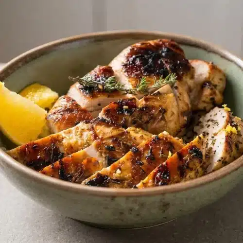 Sliced grilled chicken breast on a white rectangular platter, showing a juicy interior and dark char marks from the grill.