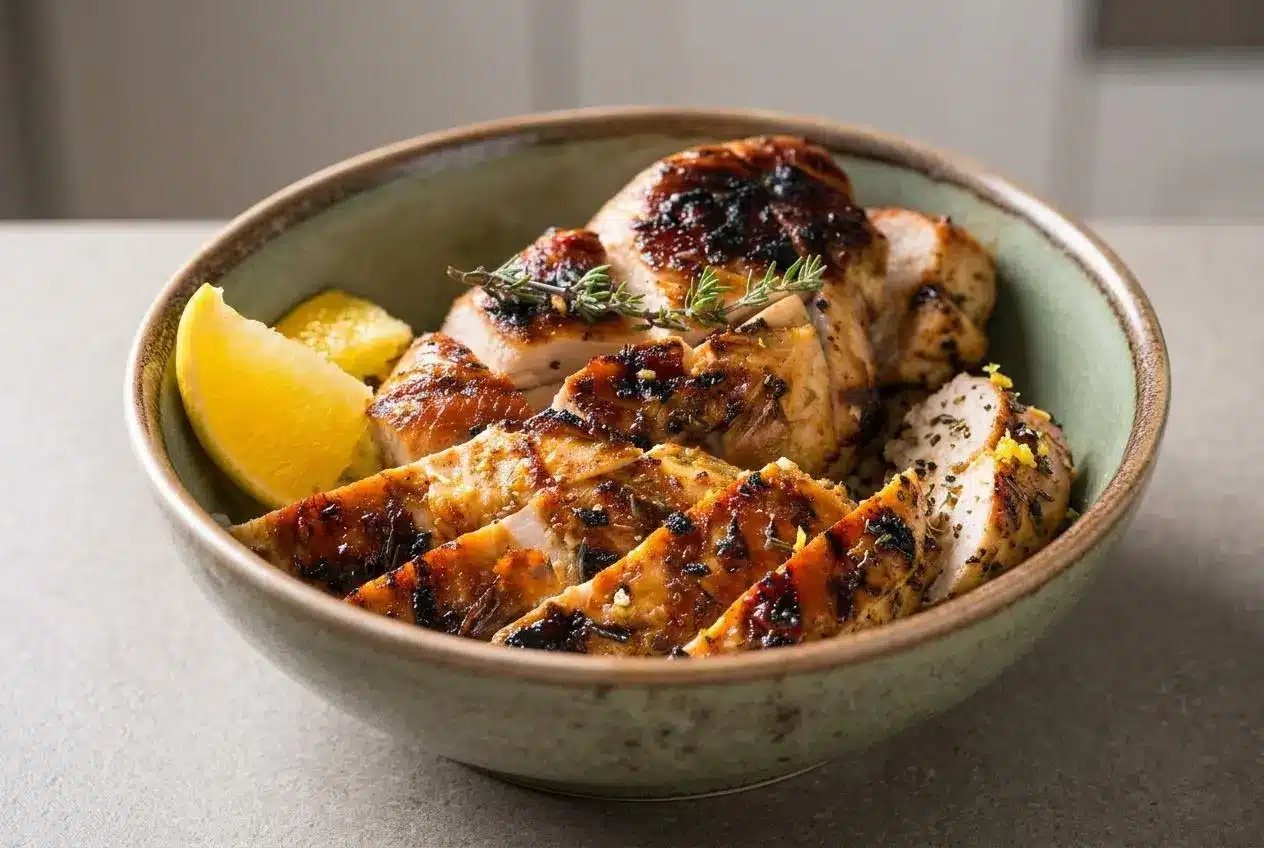 Sliced grilled chicken breast on a white rectangular platter, showing a juicy interior and dark char marks from the grill.