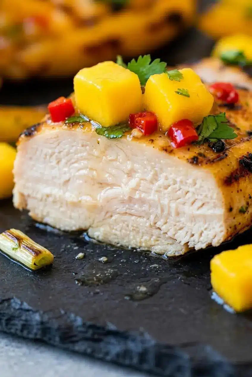Extreme close-up of sliced grilled chicken breast, revealing a very juicy white meat interior and dark grill marks, topped with mango salsa.
