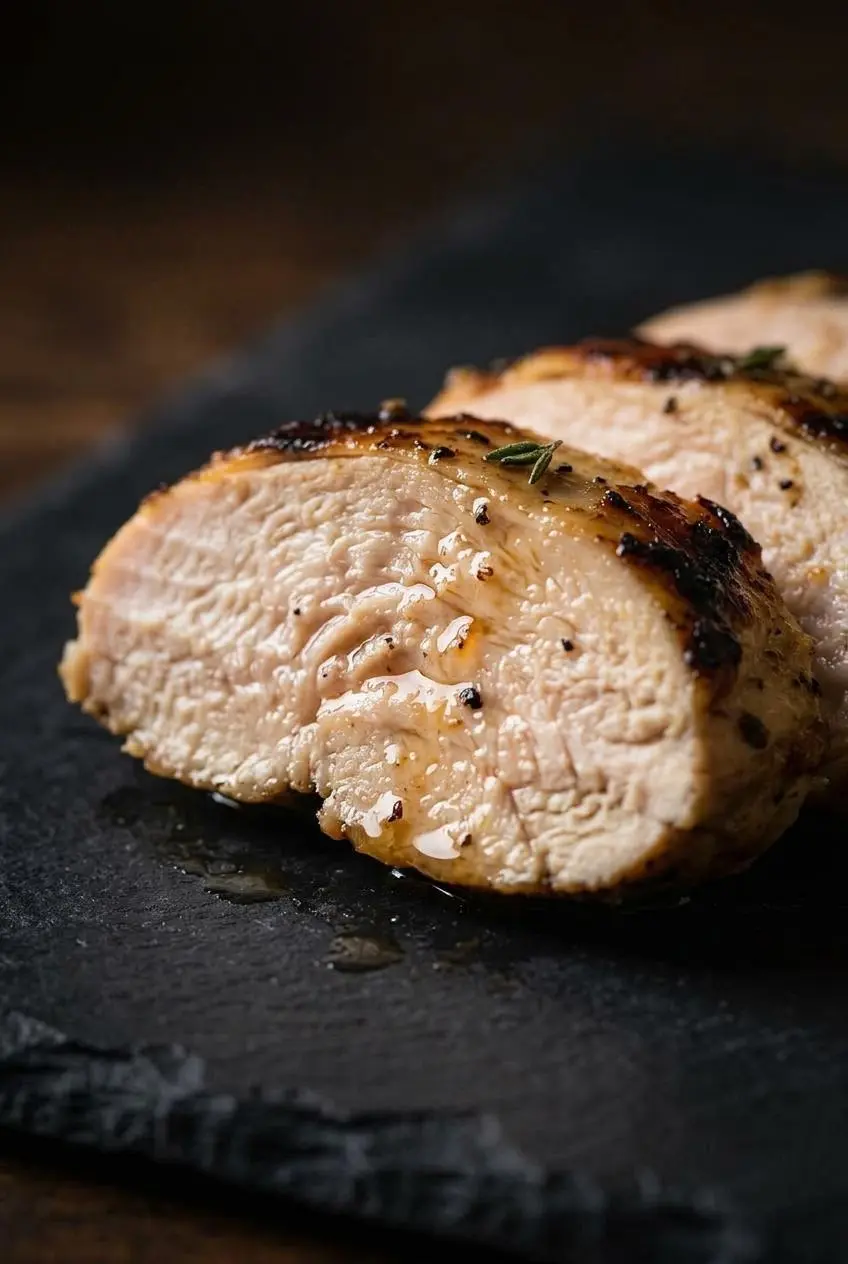 Extreme close-up of a slice of grilled chicken, revealing its glistening and succulent meat fibers.