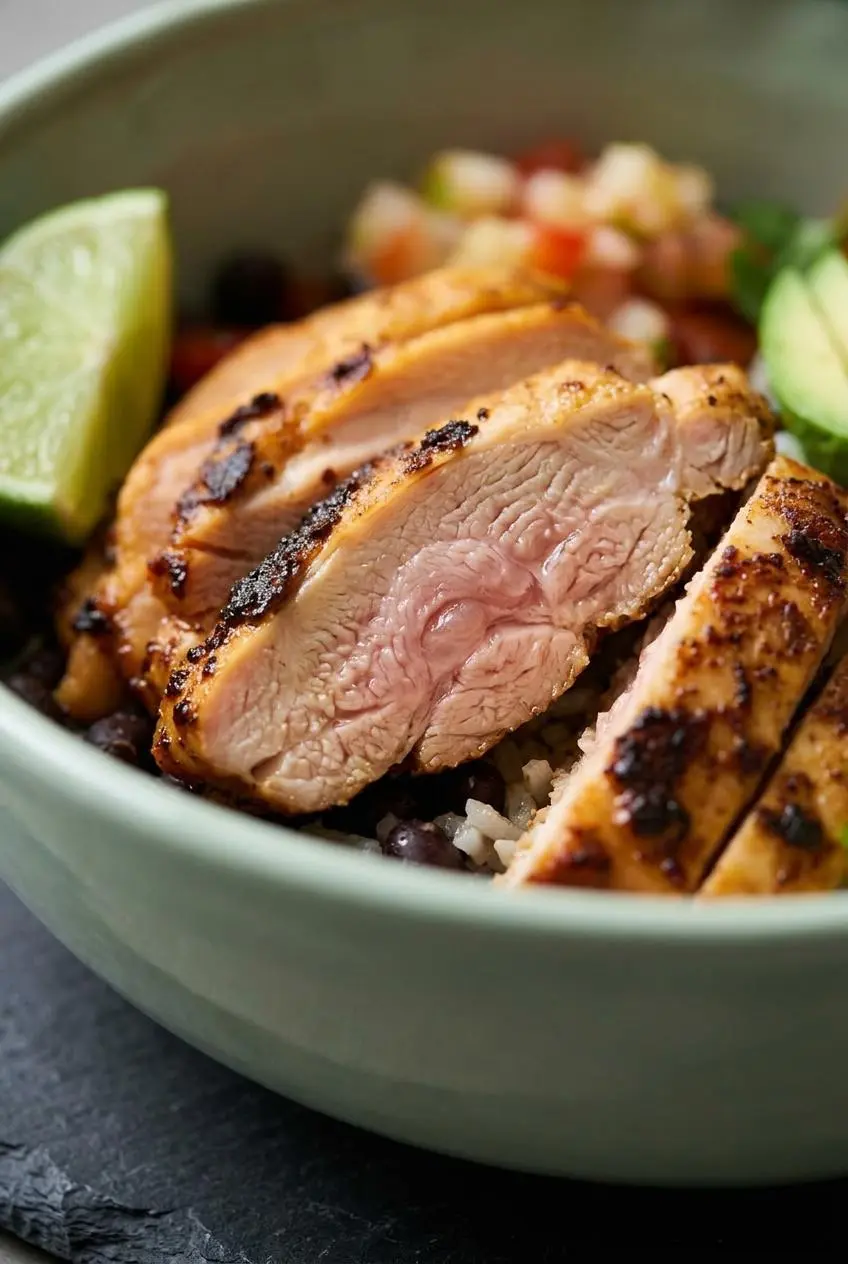 Extreme close-up of juicy, sliced taco-seasoned chicken thigh, showing the moist texture and seasoned crust.