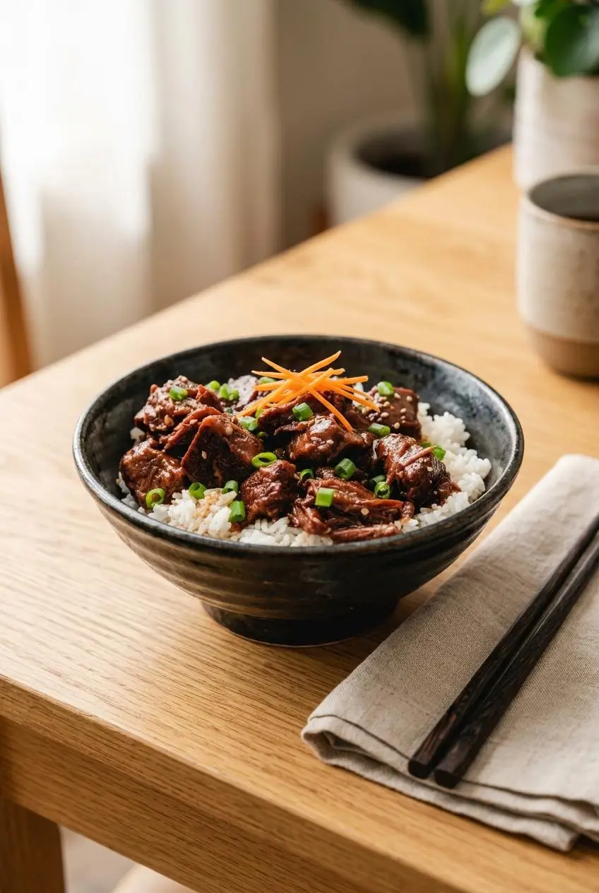 A Korean beef bowl with white rice, tender beef in sauce, topped with shredded carrots, sesame seeds, and green onions.