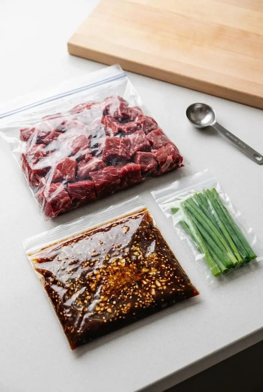 Two freezer bags prepared for a make-ahead Korean beef meal kit, one with raw beef cubes and one with uncooked sauce.