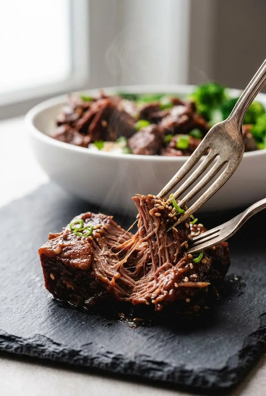 Two silver forks pulling apart a tender cube of slow-cooked Korean beef, showing its juicy, shreddable texture.