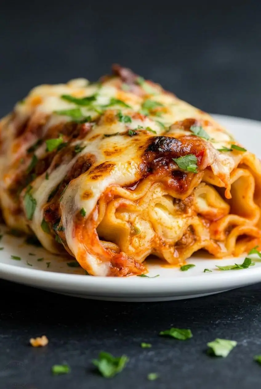 A close-up, detailed view of baked lasagna roll ups showing the texture of the melted, bubbly golden mozzarella cheese and rich red meat