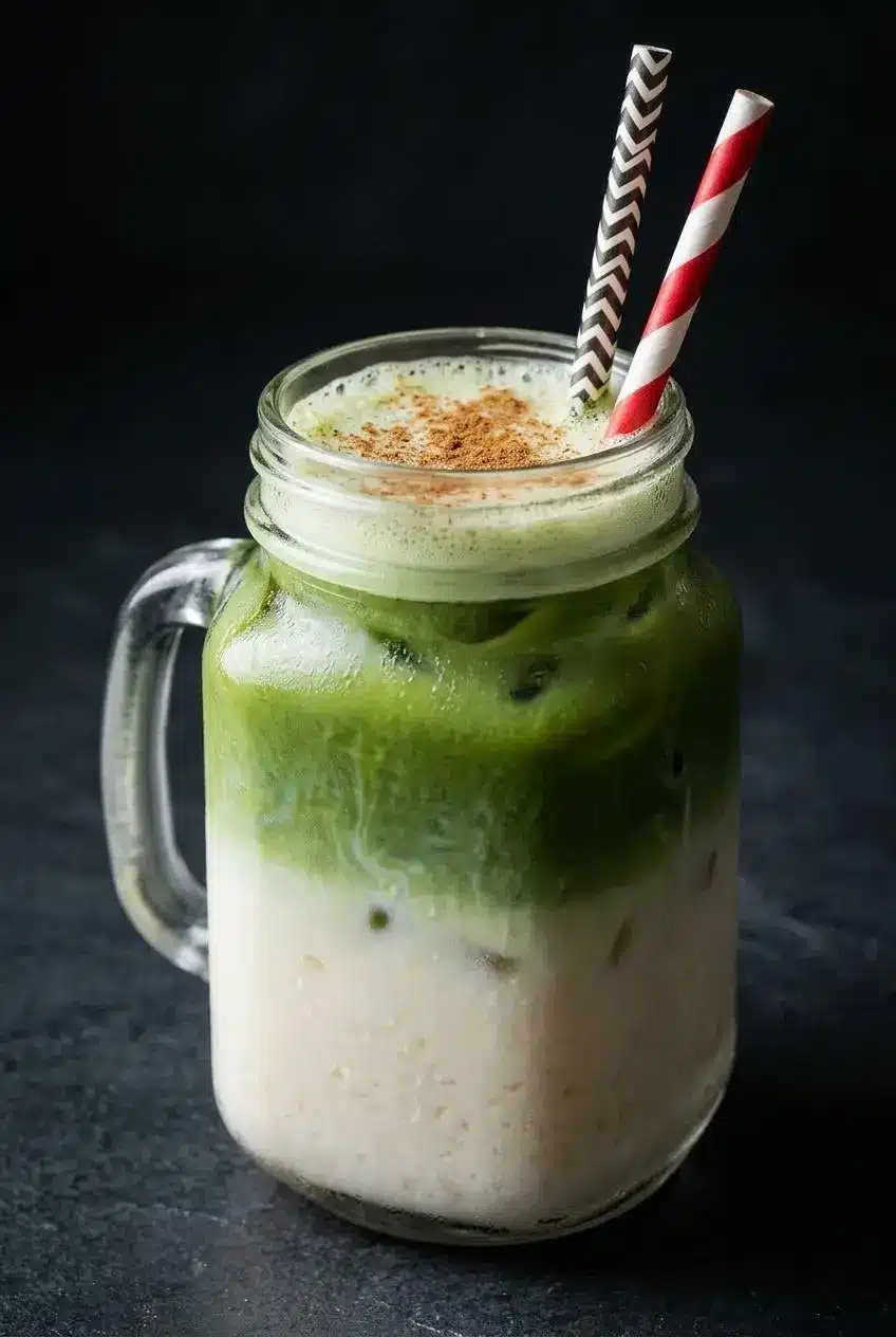 A close-up macro photo of a layered matcha horchata, with vibrant green matcha floating over creamy white horchata in a glass with ice.