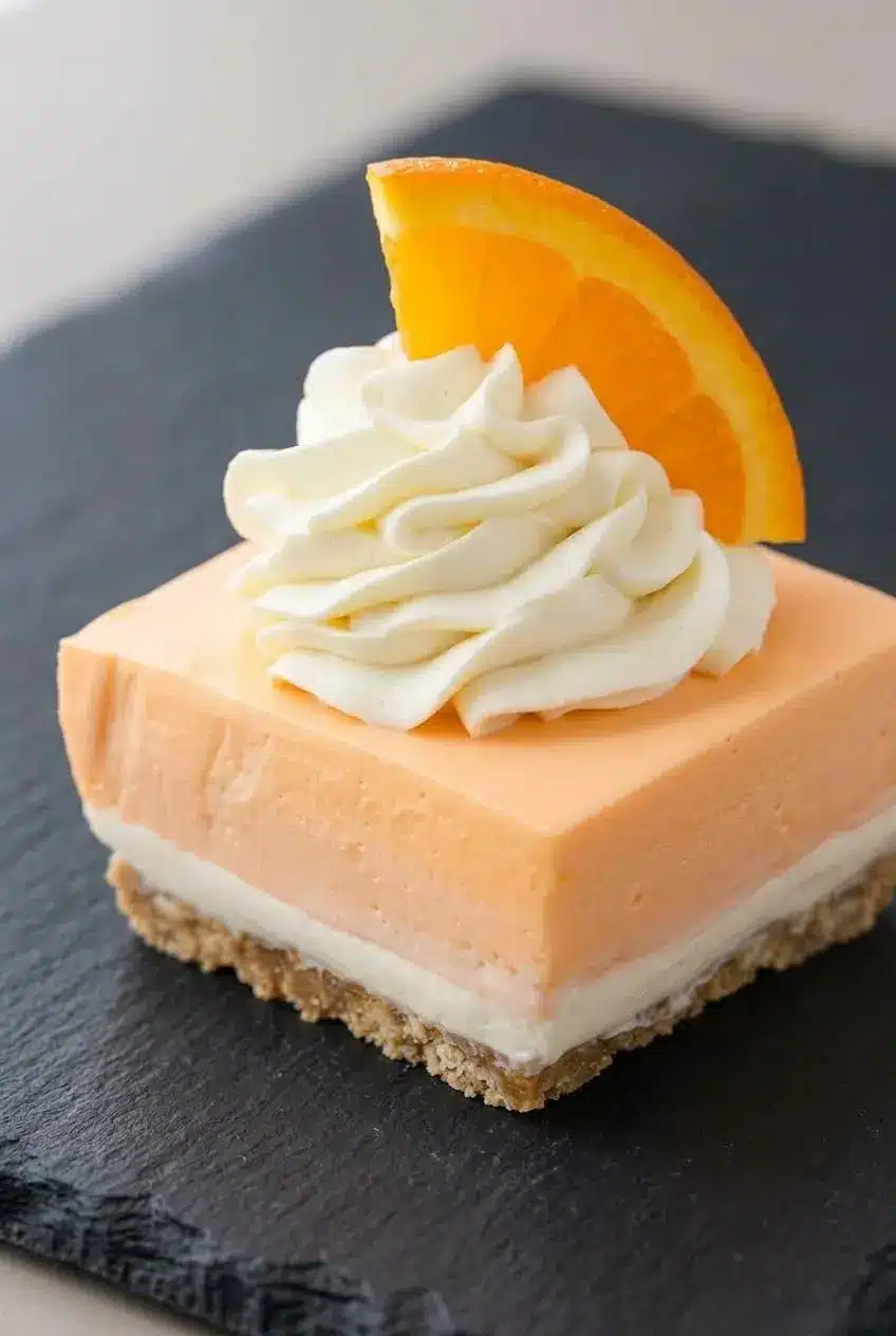 Close-up of a sliced orange creamsicle bar highlighting the defined layered textures on a dark slate surface.