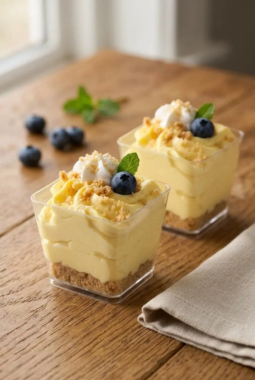 Two lemon cheesecake mousse cups garnished with a blueberry and mint leaf on a rustic wooden table.