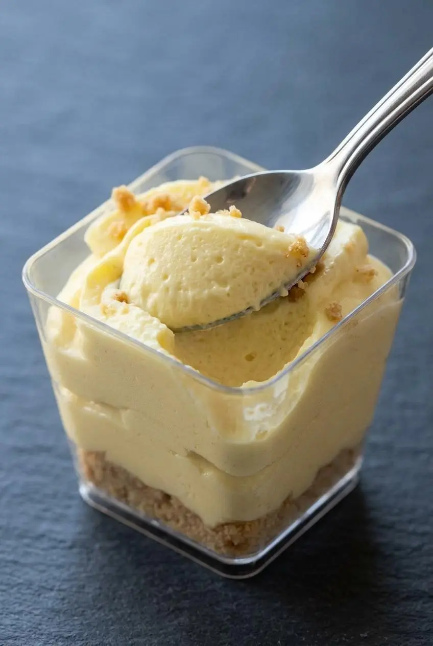 A spoon scooping smooth, airy lemon mousse from a dessert cup, showing its silky texture and fine air bubbles.