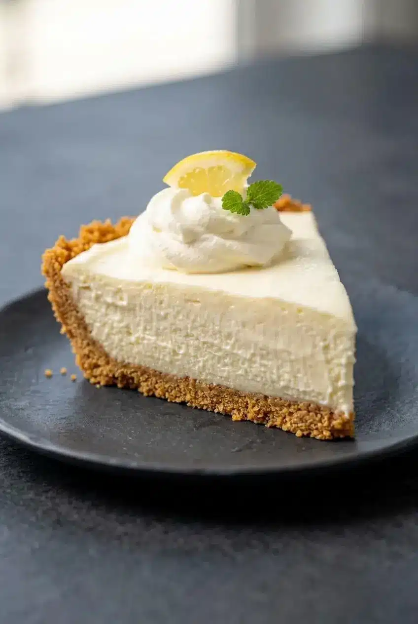 A single slice of lemon cream cheese pie on a small plate, showing a smooth, lump-free velvety filling.