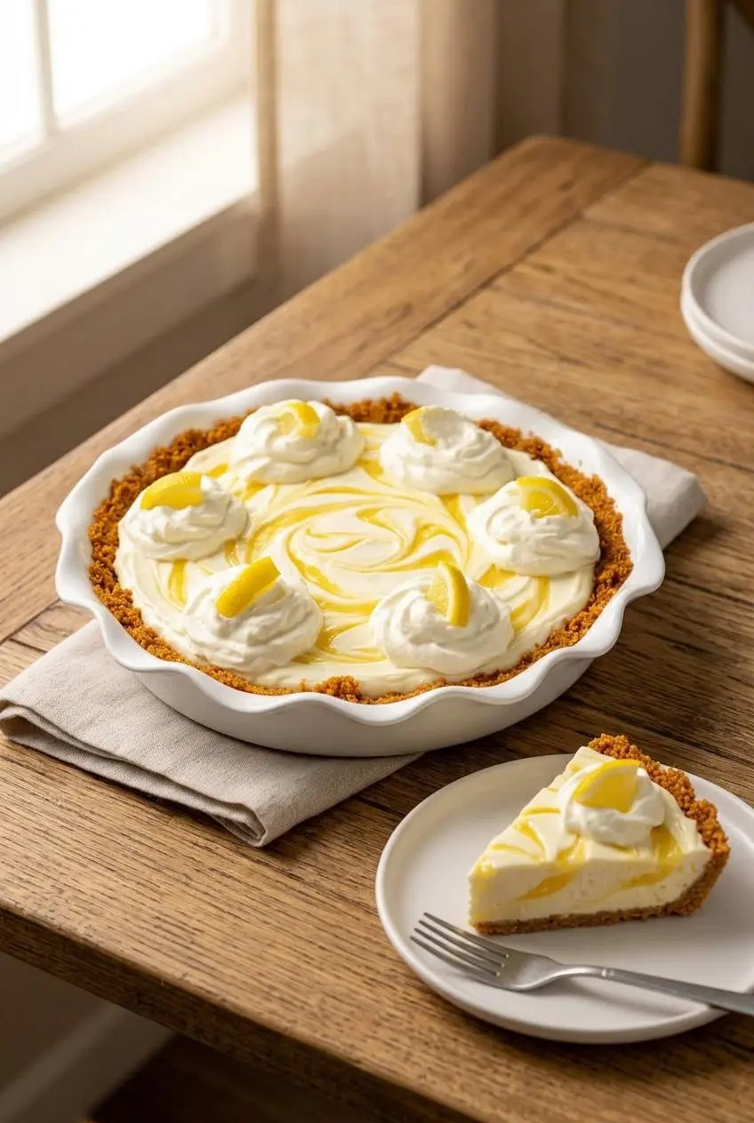 A whole lemon cream cheese pie swirled with bright yellow ribbons of lemon curd on a rustic wooden table.