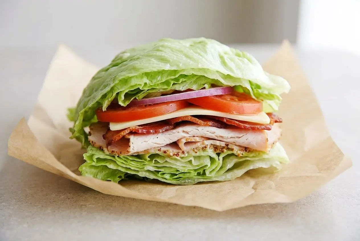 A crisp Lettuce Sandwich wrap cut in half, held in parchment paper, showing layers of turkey, bacon, cheese, tomato, and fresh iceberg