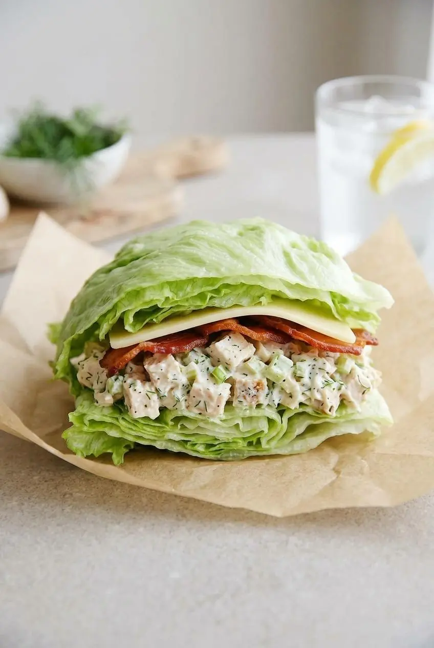 A lettuce wrap variation filled with creamy chicken salad, sitting on a white plate for a healthy lunch.