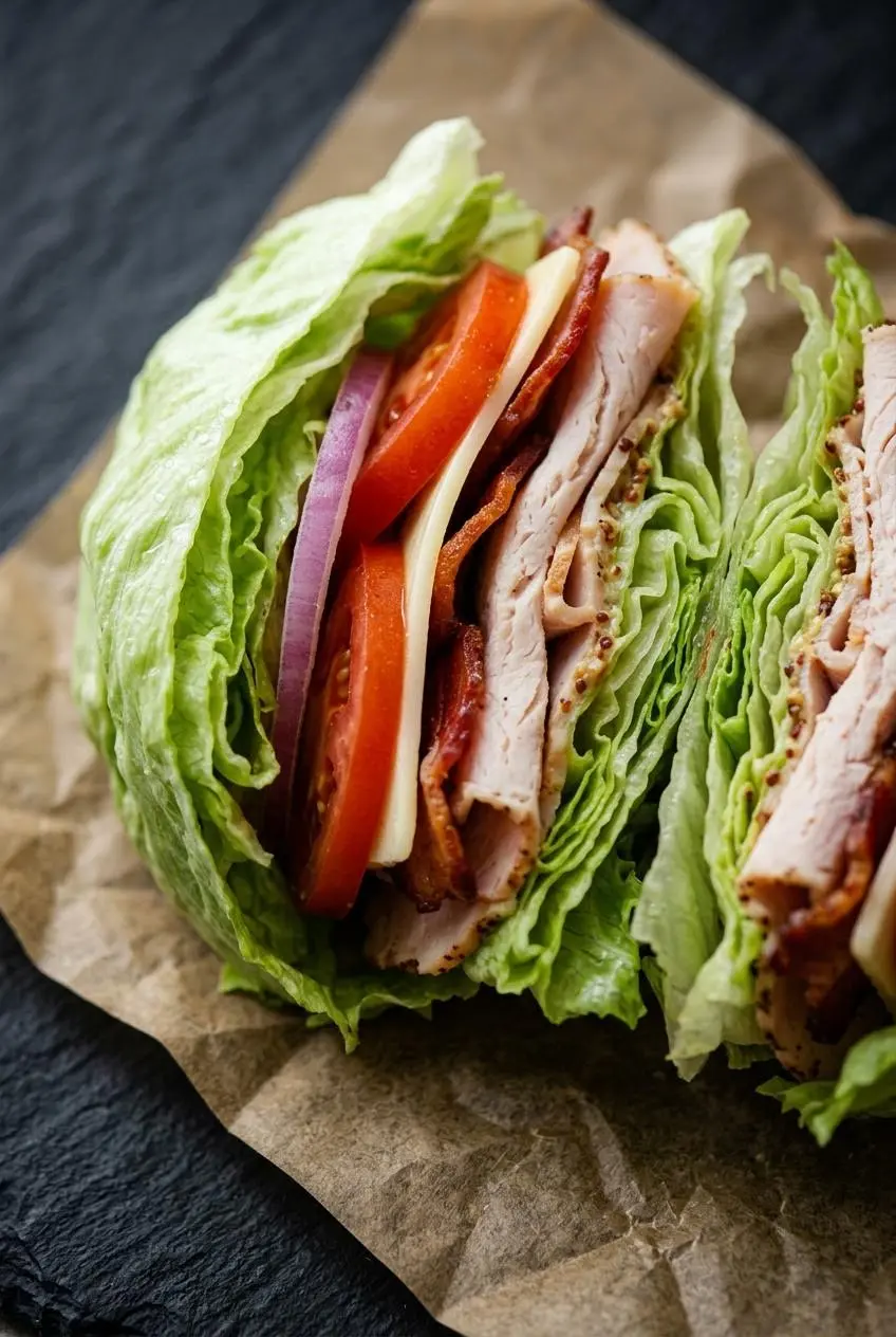 Extreme close-up on the cut face of a lettuce wrap, highlighting the crisp texture of the iceberg lettuce and the distinct layers of turkey
