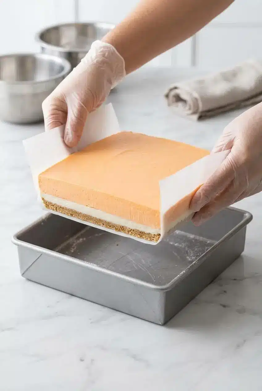 Lifting a chilled slab of orange creamsicle dessert out of a square metal baking pan using parchment paper.