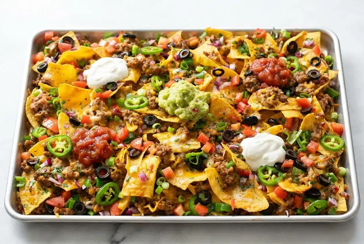 A sheet pan of the finished Loaded Nachos Recipe, topped with seasoned ground beef, melted cheese, tomatoes, and green onions.