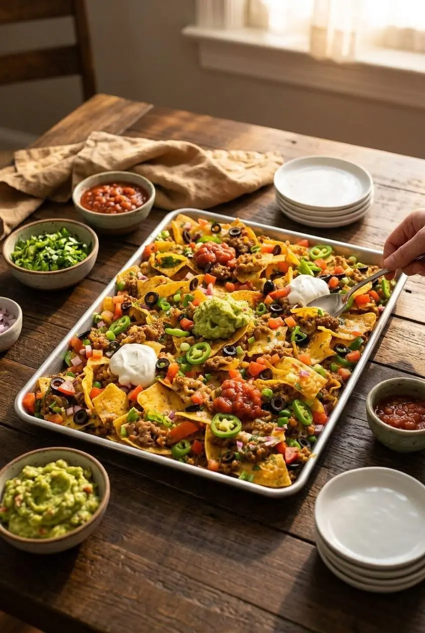 A sheet pan of loaded nachos on a dark wood table, surrounded by small bowls of guacamole, salsa, and sour cream for serving.