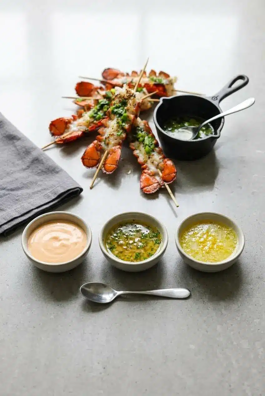 Three small bowls arranged in a row showing flavor variations: creamy orange Bang Bang sauce, herby shallot butter, and a lemon parmesan