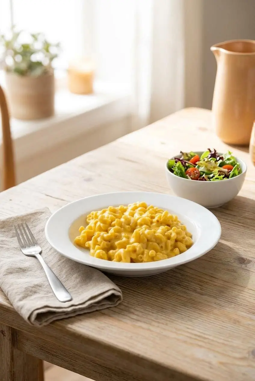 A bowl of homemade macaroni and cheese served on a light wood table next to a small bowl of crisp green salad.