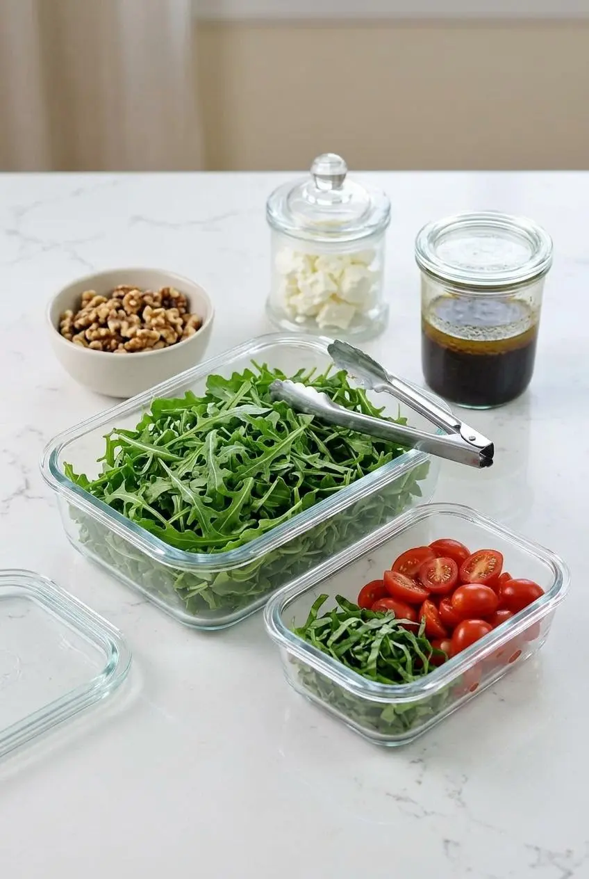 Salad ingredients prepped for make-ahead storage, with arugula, tomatoes, feta, walnuts, and dressing in separate glass containers on a