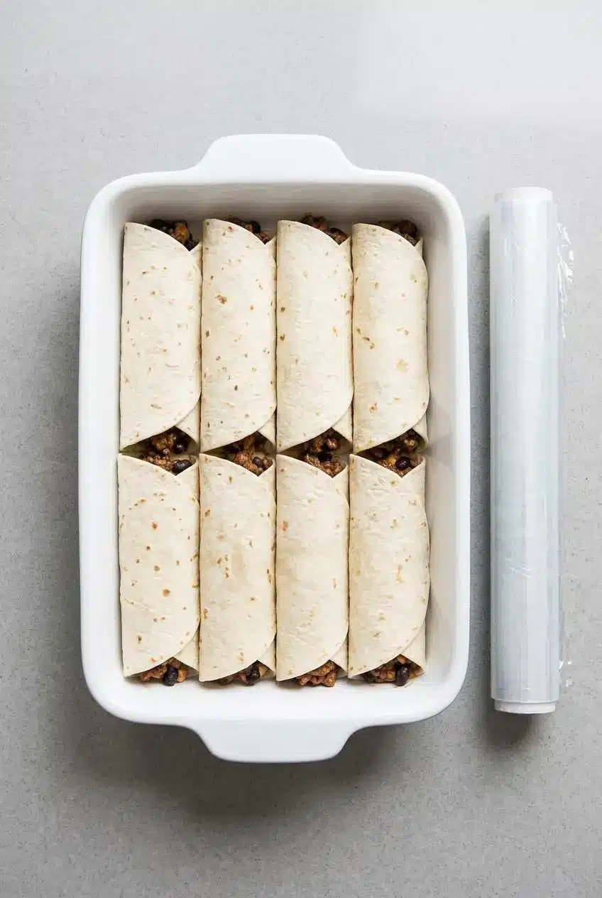 A white baking dish filled with neatly rolled tortillas, showing how to assemble beef enchiladas before adding sauce and cheese for