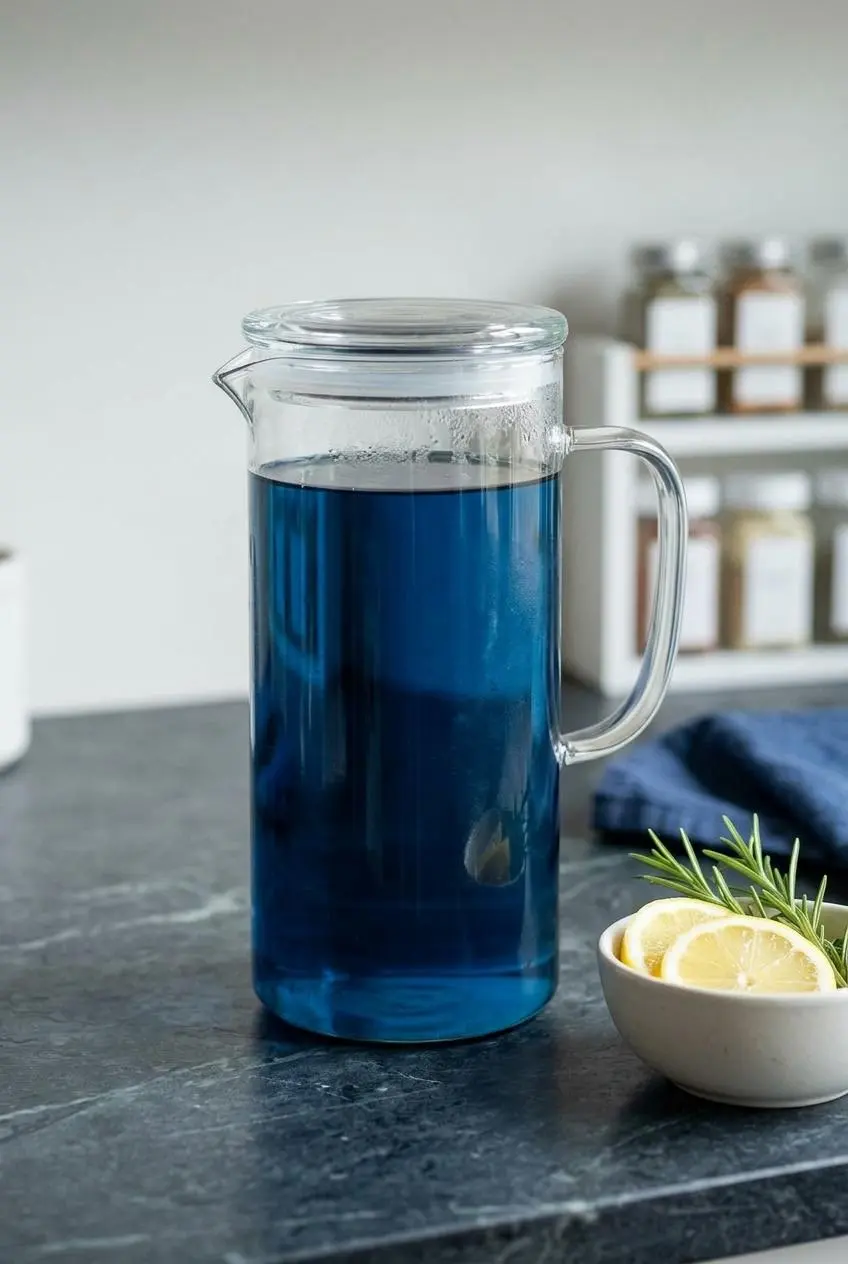 A sealed glass pitcher filled with deep blue butterfly pea flower tea base, on a kitchen counter next to a bowl of lemon slices and rosemary